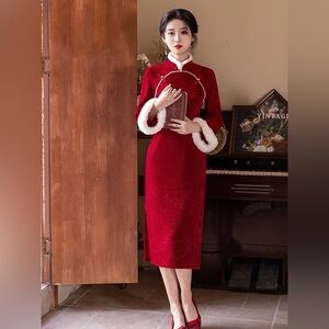 Elegant Red Cheongsam Dress with White Trim